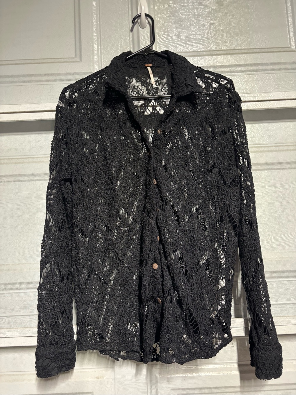 Free People Black Crochet Lace Button-Down Top